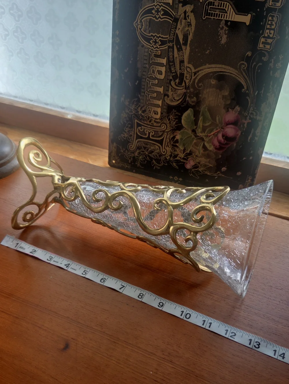 Vintsged 80s ,90s Decorative Crackle Glass Vase with Gold Metal Filigree